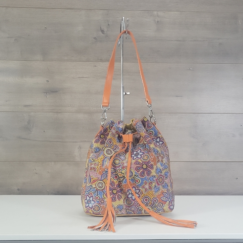 Innue Multicolor Floral Leather Drawstring Bucket Bag with Orange Trim